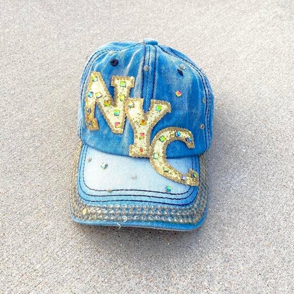 NYC New York Denim Jean Strap Back Hat Embellished Bling - Picture 1 of 5
